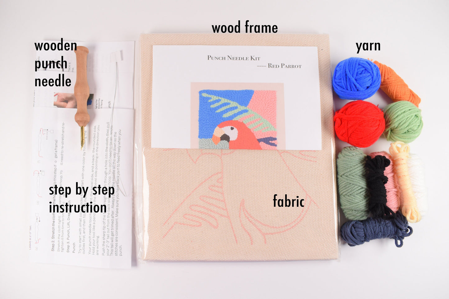 Beginner Punch Needle Kit Red Parrot, Punch Needle DIY Gift, Rug Hooking Kit