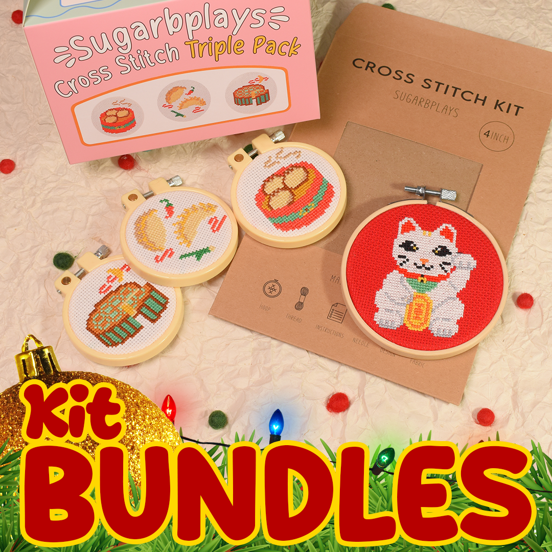Kit Bundle - Lucky Cat Single Kit and Asian Food Triple Pack Box Cross Stitch Kits