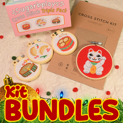 Kit Bundle - Lucky Cat Single Kit and Asian Food Triple Pack Box Cross Stitch Kits