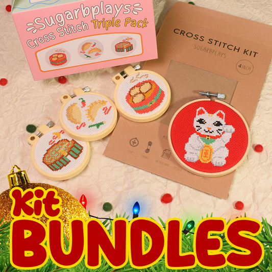 Kit Bundle - Lucky Cat Single Kit and Asian Food Triple Pack Box Cross Stitch Kits