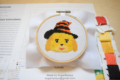 Animal Crossing Isabelle Cross Stitch PDF Digital Pattern, Isabelle with Halloween Hat Pattern, Animal Crossing DIY Embroidery Designs