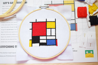 Cross Stitch Pattern Composition with Red Blue and Yellow by Piet Mondrian, Art Embroidery patterns,