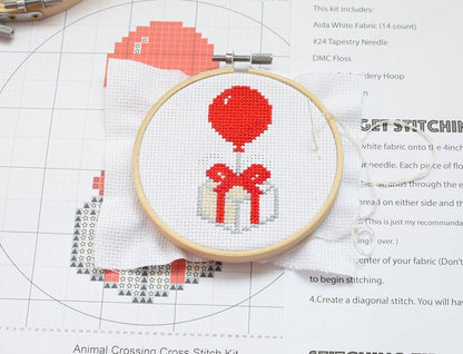 Animal Crossing Cross Stitch Pattern, Balloon with Presents Digital Embroidery Pattern, ACNH Embroidery, Red Balloon with Present DIY