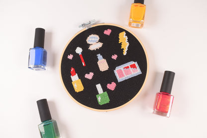 Beauty Makeup Cross Stitch Pattern- 6inch hoop needed Digital Download, Nail Polish Pattern