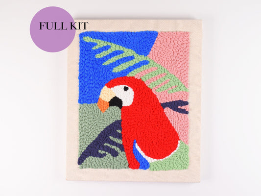 Beginner Punch Needle Kit Red Parrot, Punch Needle DIY Gift, Rug Hooking Kit