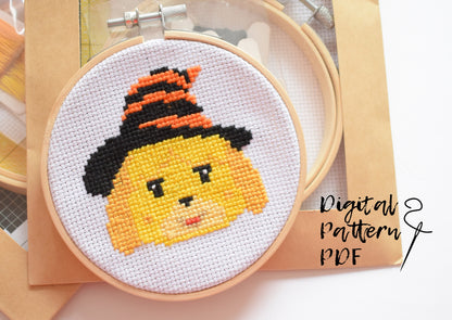 Animal Crossing Isabelle Cross Stitch PDF Digital Pattern, Isabelle with Halloween Hat Pattern, Animal Crossing DIY Embroidery Designs