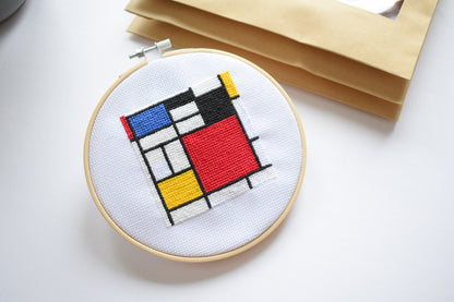 Cross Stitch Pattern Composition with Red Blue and Yellow by Piet Mondrian, Art Embroidery patterns,