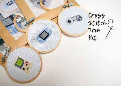 Mini Cross Stitch kits (3pack), 3inch Retro Hobby Craft Kits, Beginner Friendly DIY Kits, Game boy original, Game boy advance, SNES)