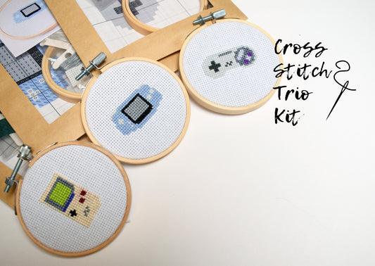 Mini Cross Stitch kits (3pack), 3inch Retro Hobby Craft Kits, Beginner Friendly DIY Kits, Game boy original, Game boy advance, SNES)
