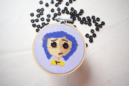 Coraline Cross Stitch Pattern, Coraline Button eye embroidery digital pattern, Horror movie characteristic pattern, Coraline Gifts