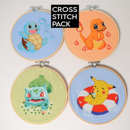 Pokémon Cross Stitch Craft Kit - 4 Kanto starter Pokémon, Pikachu, Bulbasaur, Charmander, Squirtle Kit Bundle, DIY Pokémon gift set,