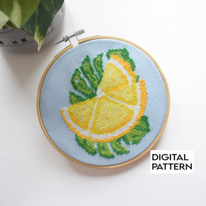 Monstera Leaf Cross Stitch PDF Digital Pattern, Lemon Cross Stitch Pattern, Monstera Leaf embroidery pattern, Plants Pattern,