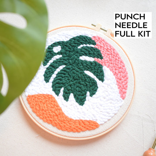 Beginner Friendly Punch Needle Kit- Monstera Leaf (video tutorial included), Punch Needle Craft Gift, Rug Making Kit, Punch Kit Gifts