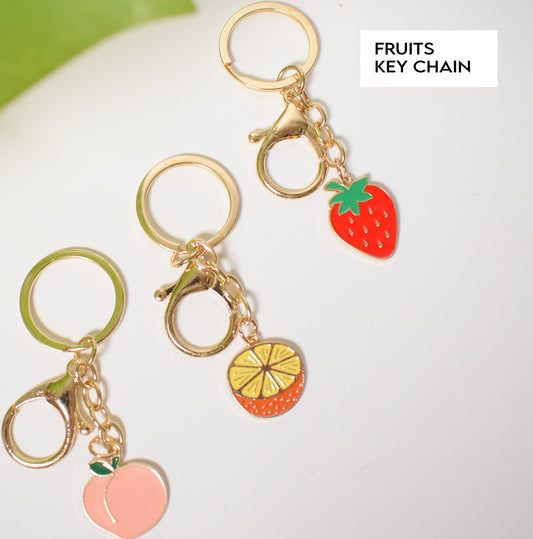 Gold Fruit Keychain Ring, Peach Enamel Keychain Charm, Strawberry Keychain, Orange Keychain, Cute Pink Peach charms, Key chain supply