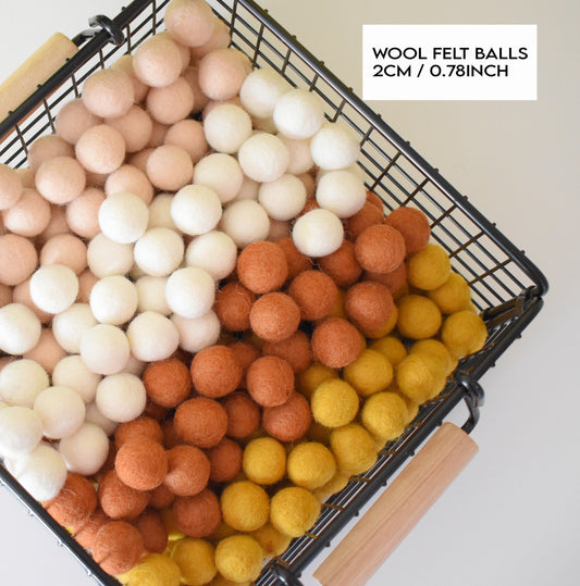 100% Wool Felt Balls Value Pack -Mustard Warm Color set. Loose 2cm Wool Pom Pom, Home decor for Party, Nursery, DIY Craft Garland Supply,