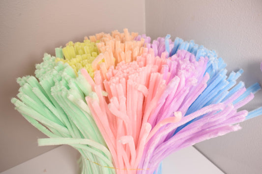 Colorful pipe cleaners, bulk fuzzy DIY craft sticks, diy decorations floral wires, Pastel color, purple, pink, blue, yellow, 100pc 12inch