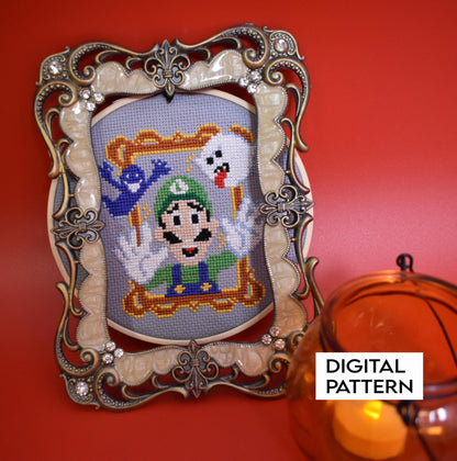 6" Luigi Cross Stitch Pattern, Luigi's Mansion Counted Cross Stitch digital pattern, Luigi embroidery pattern with ghosts and Boo