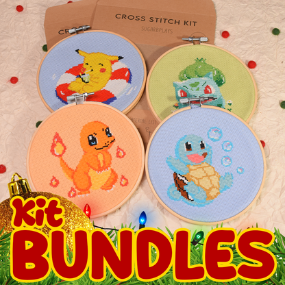 Kit Bundle - Pokemon 4 Kanto Starter Cross Stitch Set (Pikachu, Bulbasaur, Charmander, Squirtle)