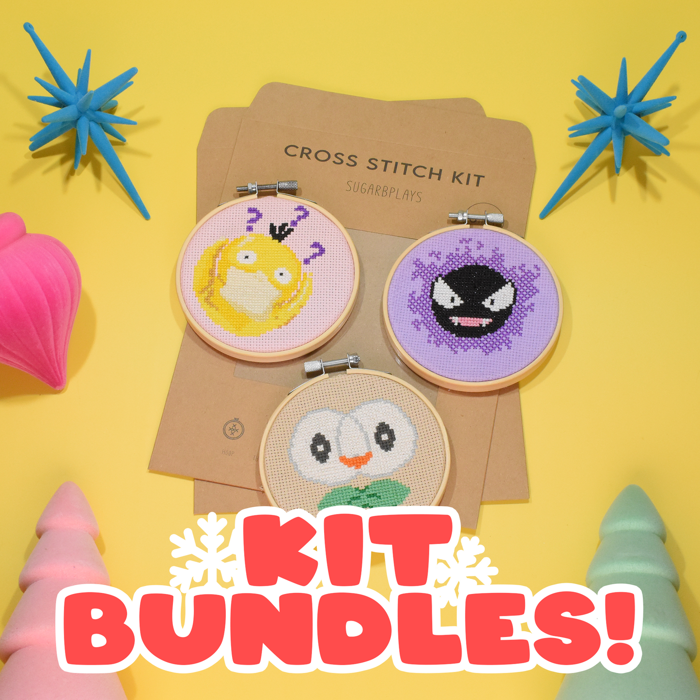 Holiday Bundle - Psyduck, Gastly and Rowlet Cross Stitch Kits